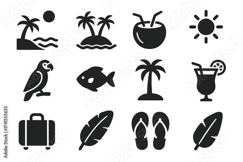 Tropical vacation icon set. Summer beach glyph symbols collection. Includes island, palm tree, coconut drink, sun, parrot, fish, cocktail, luggage, flip flops and leaf.