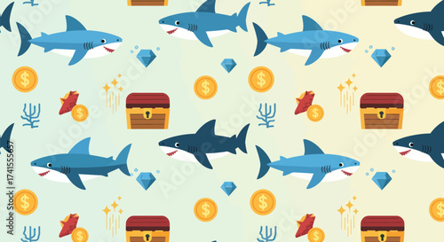 Cartoon sharks, treasure chests, coins, and diamonds pattern on pale gradient background