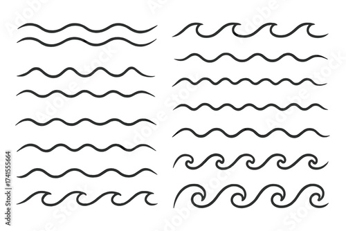 Vector waves line set. Water sea ocean wave pattern. Hand drawn doodle sketch style. Simple border divider. Seamless wavy lines. Surf tide ripple current flow symbol.