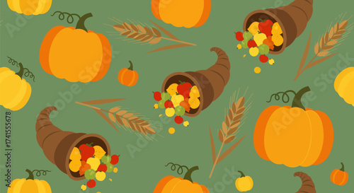Autumn harvest scene with pumpkins, cornucopias, and wheat on green