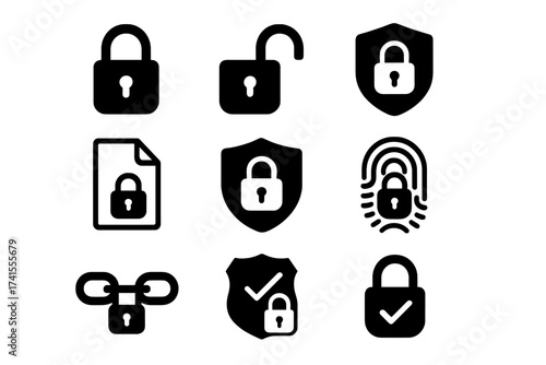 Security vector icon set. Solid glyph collection with lock, unlock, padlock, shield, protect, biometric fingerprint, data document access, and verified secure symbols.