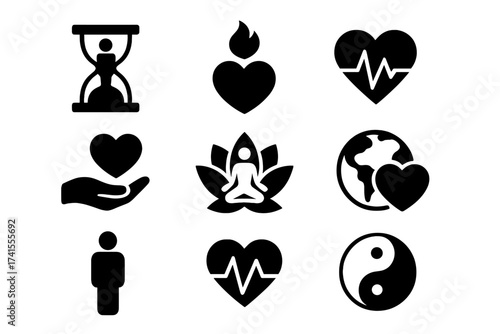 Life icon set. Lifespan, soul, vitality, wellness, existence, pulse, harmony icons. Health, meditation, yoga, balance, love, care. Solid glyph vector pictogram collection.