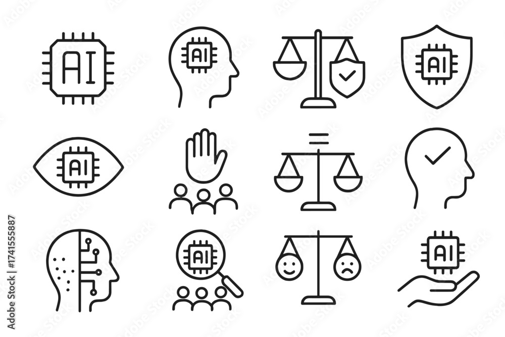Naklejka premium AI Ethics line icon set with editable stroke. Concepts include artificial intelligence, responsible and ethical AI, governance, transparency, fairness, bias, and accountability.