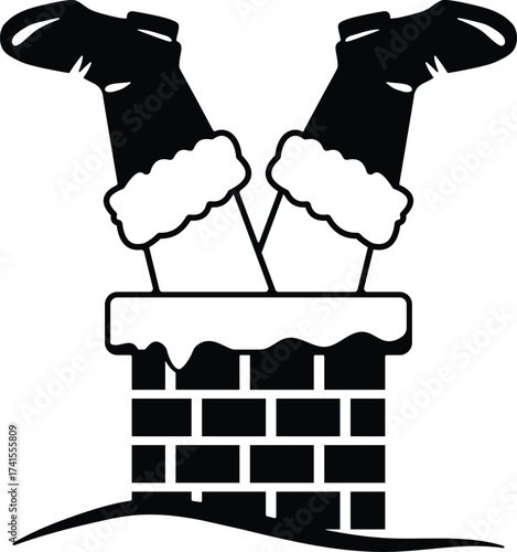 Santa claus legs sticking out of a chimney silhouette isolated on white background