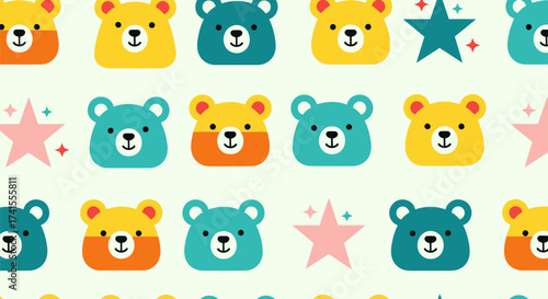 Cute pattern with cartoon bears and stars on a pale green background