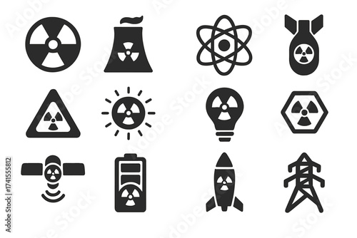 Nuclear icon set with radioactive, nuclear plant, atom, nuclear bomb, hazard, radiation, atomic energy symbols, solid vector icons collection for science and industry