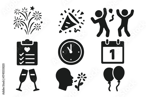 New Year Celebration Icon Set with Fireworks, Party, Dance, Resolutions, Countdown Clock, January 1st Calendar, Wishes, Champagne Glasses, Balloons and Festive Symbols, Vector Solid Icons Collection