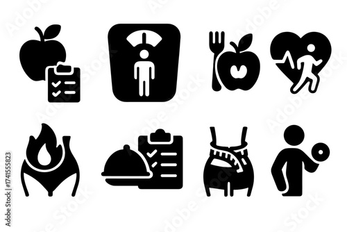 Weight loss and diet icon set. Solid glyph icons for fitness, exercise, healthy eating, nutrition, cardio, fat burning, meal plan, weight management, scale, and workout.