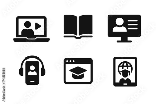 Online education icon set with video tuition, e-learning, online courses, audio courses, digital education, educational website, learning icons, e-learning technology symbols