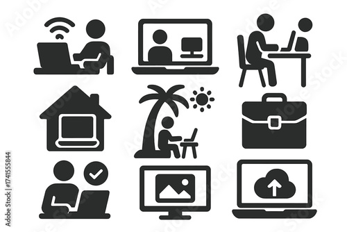 Work from home solid glyph icon set. Remote work, online job, freelancing, home office, digital nomad, portfolio, telecommuting, video conference. Business vector symbols.
