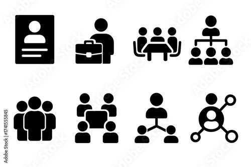 Work icon set for business, job, and career. Contains solid glyph icons for employment, meeting, organization, teamwork, networking, management, and human resources. Vector.