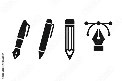 Write icon set. Pen, pencil, fountain pen and vector tool collection. Writer, stationery, and signature symbols. Graphic design, calligraphy and drawing elements vector illustration.