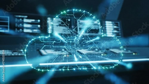 Cloud storage hologram showing futuristic digital data flow.