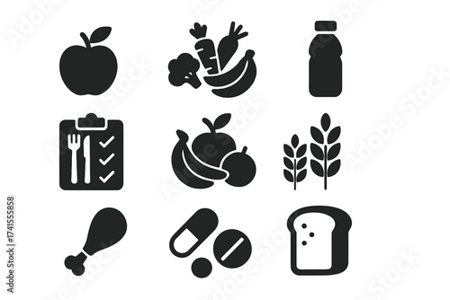 Nutrition icon set with food, vegetables, water, meal planning, fruits, dietary fiber, protein, vitamins, healthy fats, carbohydrates symbols solid icons