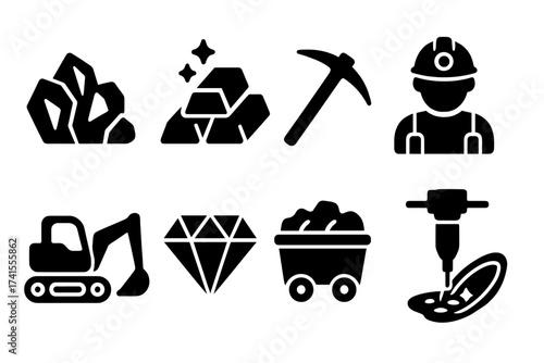 Mining glyph icon set. Vector collection of solid symbols for industry, minerals, gold, pickaxe, miner, excavator, diamond, coal wagon, jackhammer and gold panning.