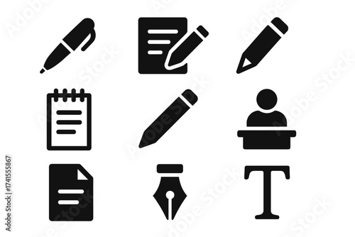 Writing solid icon set. Glyph vector collection of pen, pencil, note, edit, writer, document, and nib. For content creation, author, signature, contract, blog, education.