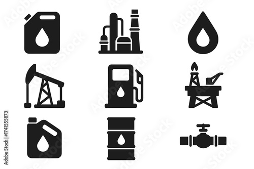 Comprehensive oil and gas icon set with fuel can, refinery, petroleum drop, oil well, gas pump, offshore platform, lubricant container, oil barrel, pipeline valve, solid vector icons collection