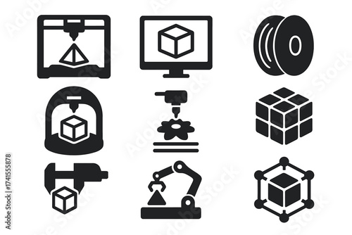 3D printing solid icon set. Vector collection of additive manufacturing symbols including printer, filament, 3D modeling, scanner, prototype, and engineering pictograms.