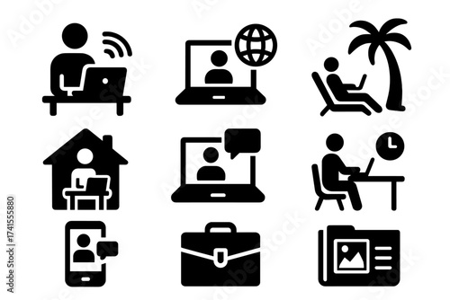 Work from home solid icon set. Remote work, freelancing, digital nomad lifestyle. Contains home office, online meeting, portfolio, and telecommuting vector icons collection.