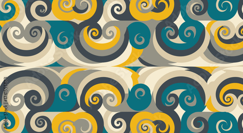 Swirling, colorful retro pattern of curves and tight spirals repeats