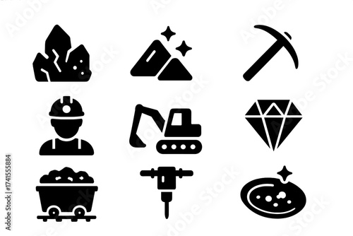 Mining solid glyph icon set with miner, pickaxe, excavator, and diamond. Quarry extraction symbols collection. Vector icons of gold, minerals, coal cart, and jackhammer.
