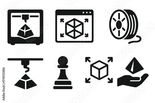 3D printing solid icon set. Vector glyphs for additive manufacturing, printer, modeling, filament, and prototype. Rapid prototyping technology symbols collection for design.