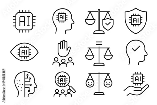 AI Ethics line icon set with editable stroke. Concepts include artificial intelligence, responsible and ethical AI, governance, transparency, fairness, bias, and accountability.