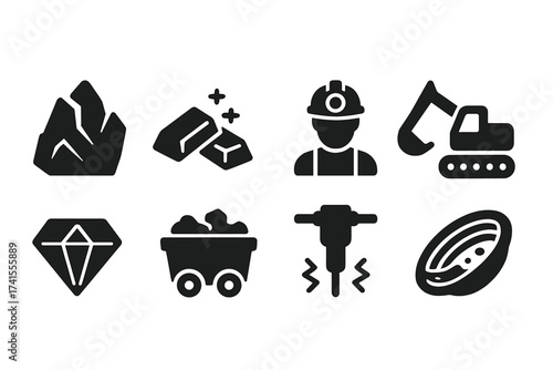 Mining industry solid icon set with miner, excavator, and jackhammer. Vector pictograms of gold bars, diamonds, coal cart, minerals, and gold panning for resource extraction.