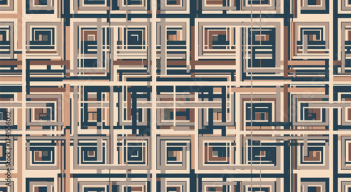 Concentric squares and rectangles in beige, brown, blue overlap and intersect