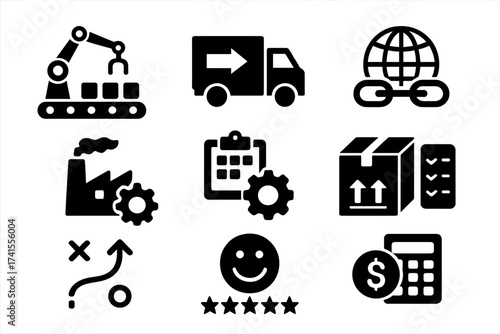 Operations management glyph icon set. Business process concepts. Production, logistics, supply chain, manufacturing, planning, inventory, strategy, customer satisfaction, cost.