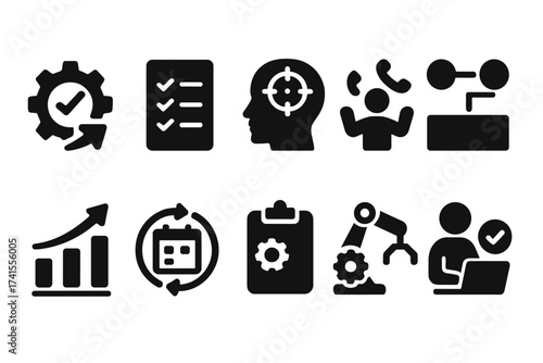 Productivity icon set with efficiency, task management, focus, multitasking, workflow, growth, routine, project management, automation, and productivity symbols in vector solid style