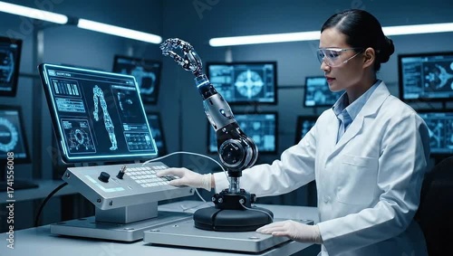 Scientist experimenting with futuristic robotic prosthetic