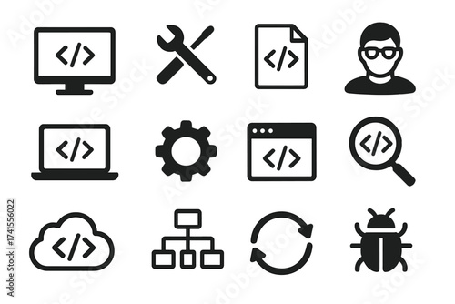 Programming coding icon set, software development symbols collection, programmer and developer vector illustration, computer code, bug, tools, cloud, and workflow icons