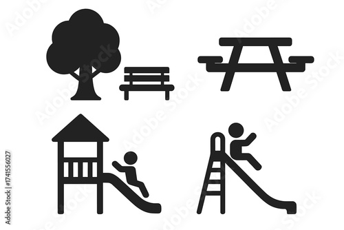 Park icon set vector. Playground equipment silhouette. Tree, bench, picnic table, child on slide. Outdoor recreation, public space, leisure, childhood fun. Graphic element.