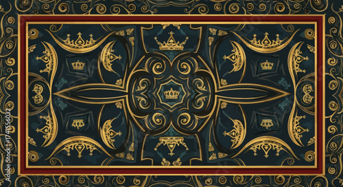 Ornate dark blue & gold surface pattern with crowns & scrolls