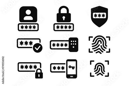 Cyber security and password protection solid icon set. Includes login, user access, passcode, encryption, 2FA, and fingerprint scan. Authentication and verification vector icons.