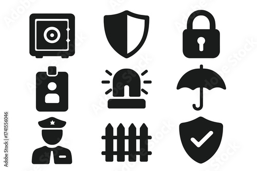 Protection icon set with safe, shield, lock, security alarm, umbrella, guard, fence symbols. Solid vector illustration of safety and security concepts for digital and print.