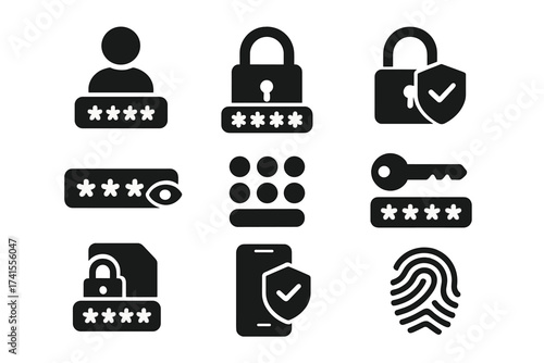 Password security icon set. Vector glyphs for login, 2FA, encryption, passcode, and fingerprint access. Cyber security, data protection, and user authentication concept.
