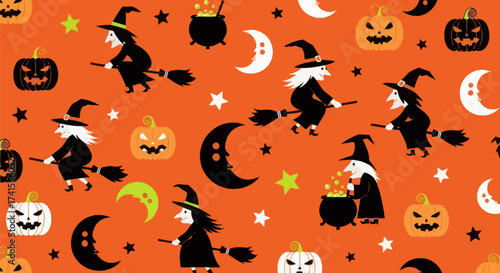 Fun Halloween pattern with pumpkins, witches, moons, and stars