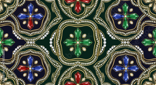 Dark ornate pattern with gems, gold, and pearls