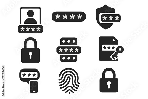 Password security vector icon set. Solid glyph collection with login, access, secure passcode, encryption, code, 2FA, fingerprint, and biometric authentication symbols.