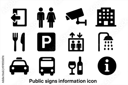Public signs icon set with exit, toilet, CCTV, hotel, restaurant, parking, elevator, shower, taxi, bus, bar, information symbols. Vector solid icons collection for public places and services.