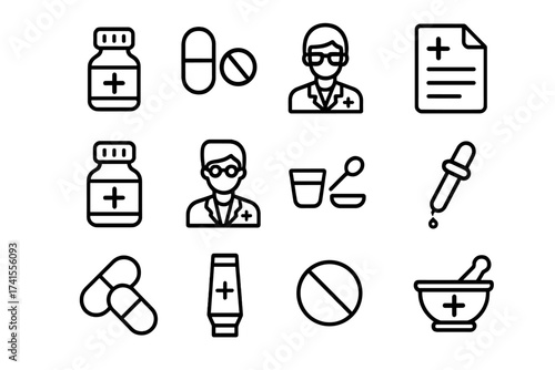 Pharmacy outline icon set. Medicine, pill, prescription, medication, pharmacist, dosage, capsule. Medical line icons vector collection for healthcare, drug store and pharma concepts.