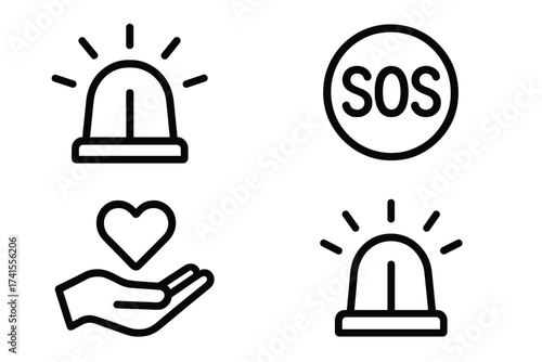 SOS Emergency icon set, emergency alarm signals, help service symbols, medical aid, response alert signs, vector illustration, transparent background, safety and rescue concept