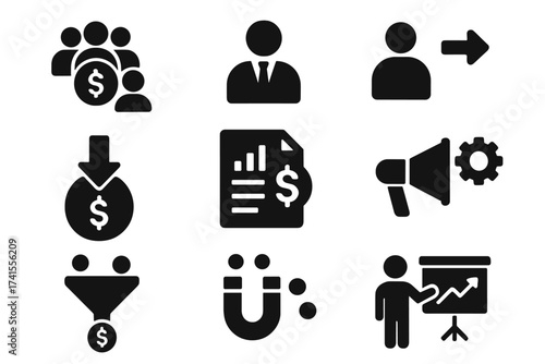 Sales team icon set business department symbols including salesperson, prospect, conversion, sales report, marketing, funnel, lead generation, sales pitch, performance, and growth concepts