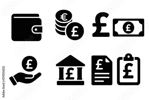 Pound sterling solid icon set. Vector glyph collection for finance, money, and banking. Includes wallet, coins, GBP banknote, salary, payment, investment, and bank symbols.