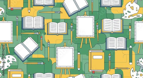Artistic study scene showing books, easels, brushes, pencils, & palettes