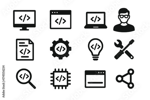 Programming coding icon set with software development symbols, programmer and developer avatar, code editor, gear, tools, CPU chip, magnifying glass, and share network vector illustration