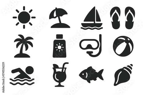 Sea and Summer Vacation Icon Set with Tourism Symbols, Outdoor Activities, Marine Life Concept, Solid Vector Icons Collection, Sailboat, Palm Tree, Beach Ball, Snorkel Gear, Flip Flops