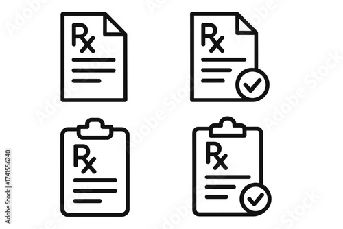 Medical prescription line icon set. Rx patient document on paper and clipboard. Health check concept. Approved healthcare report, diagnosis form with check mark vector.